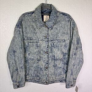 We The Free People Jacquard Letters Denim Jacket Womens Large Trucker Boho NEW